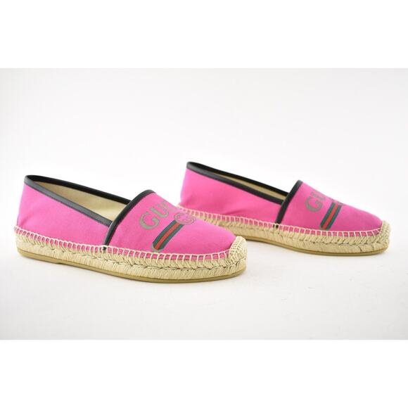 Gucci Pilar Pink Canvas Black Leather Trim GG Logo Print Flat Espadrilles 38.5 - Picture 4 of 12